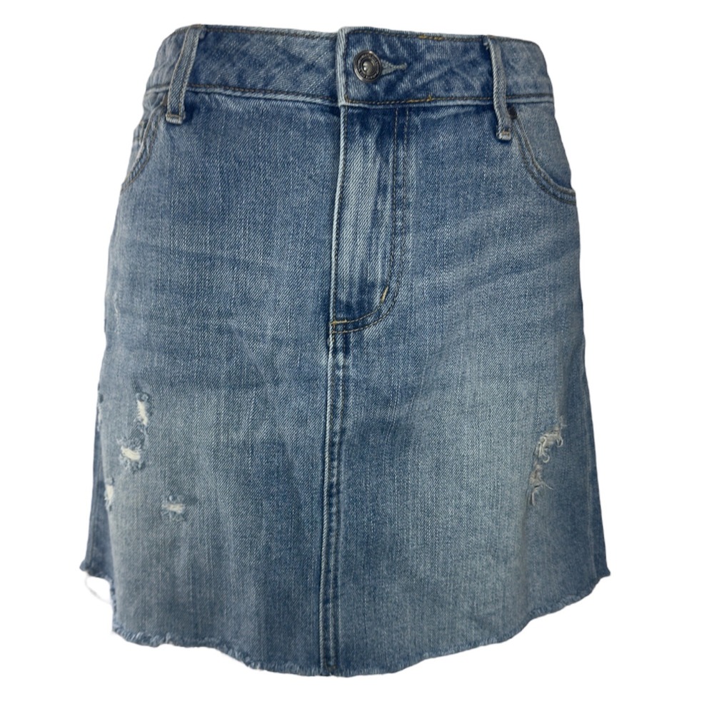 Melrose and Market Women Blue Denim Mini Skirt Frayed Hem Distressed Size 28